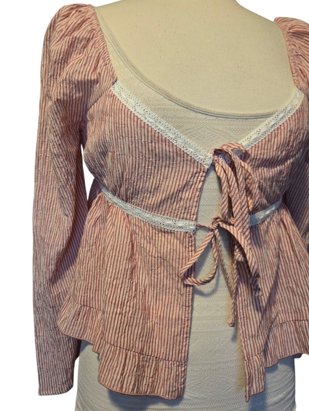 Love, Fire Coquette Pink Striped Tie Bust Lace Tunic - L